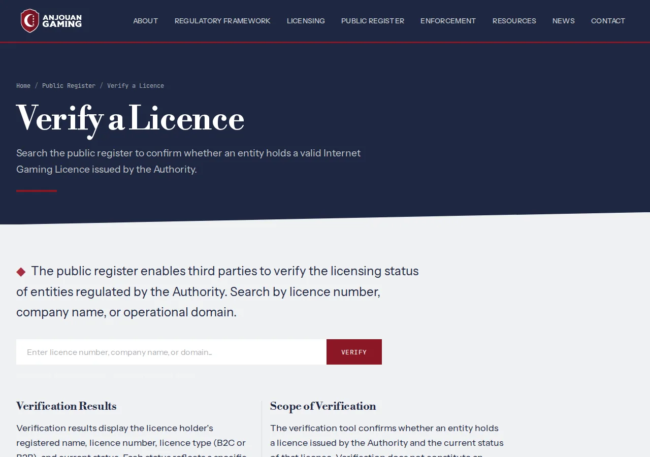 Anjouan Gaming public licence verification page