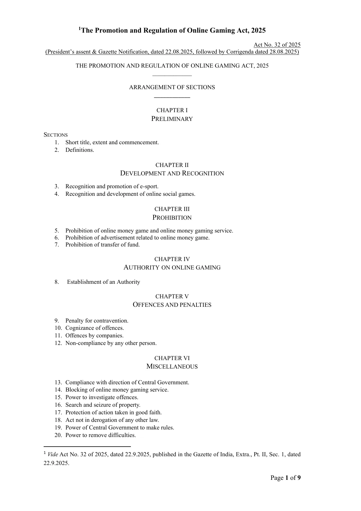 First page of India’s Promotion and Regulation of Online Gaming Act 2025