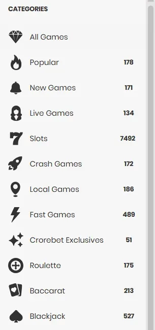 Crorebet desktop sidebar showing Slots category