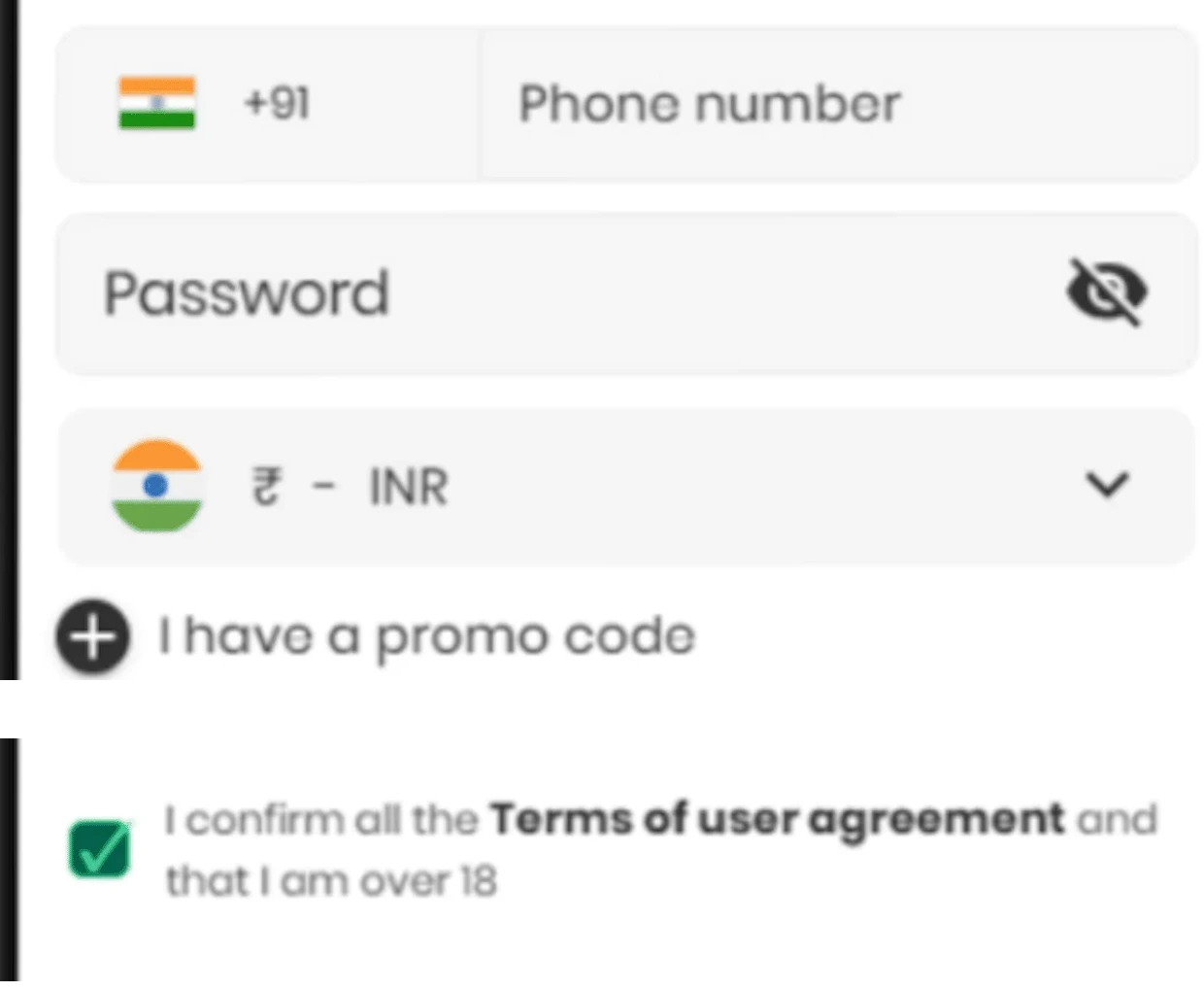Cropped Crorebet registration fields showing phone password INR promo code and terms confirmation